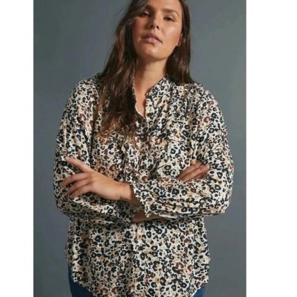 Maeve by Anthropologie Animal Print Ruffle Neck Button Front Blouse - Picture 7 of 7